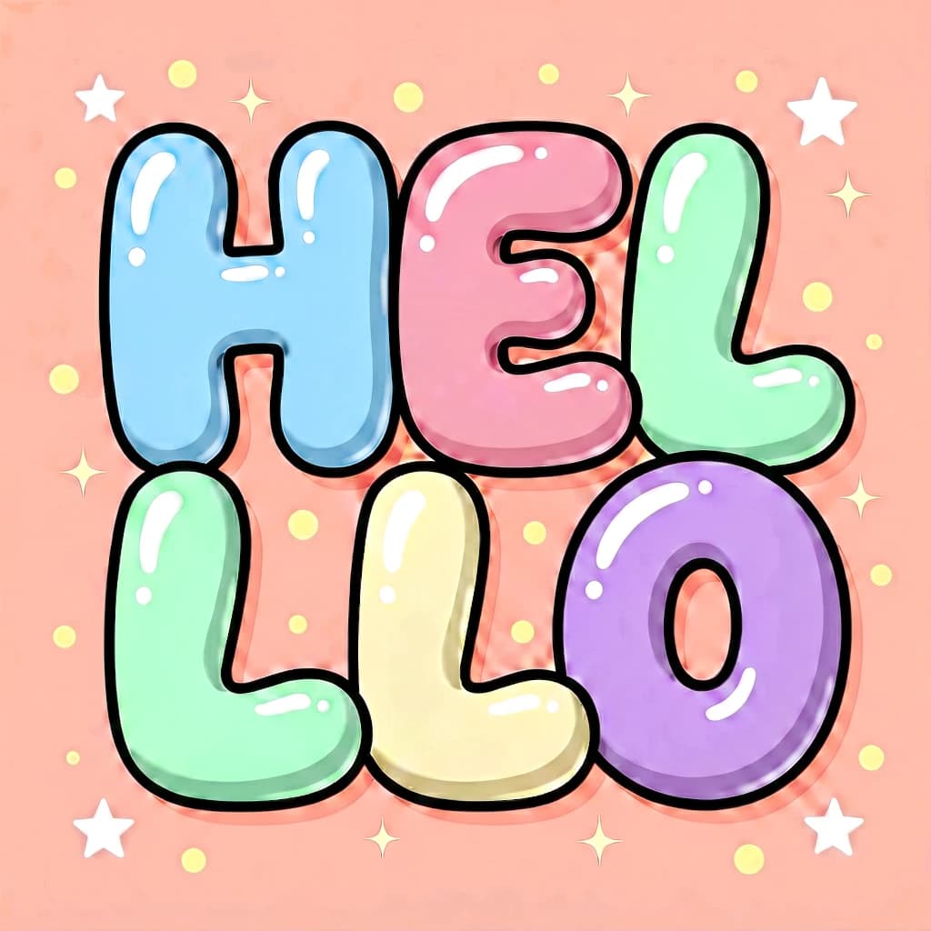 Make a bold bubble-letter poster that says HELLO, pastel palette, thick outline.