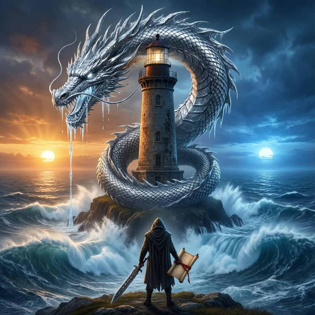 A dragon of molten silver coils around a lighthouse. The storming sea below crashes upward in frozen stillness, as though caught mid-motion. The dragon’s molten eyes drip tears of ice. On the horizon, two suns set next to each other, casting orange light on one side of the tower and blue on the other. A cloaked traveler carries an ancient weapon in his left hand and a scroll in his right.