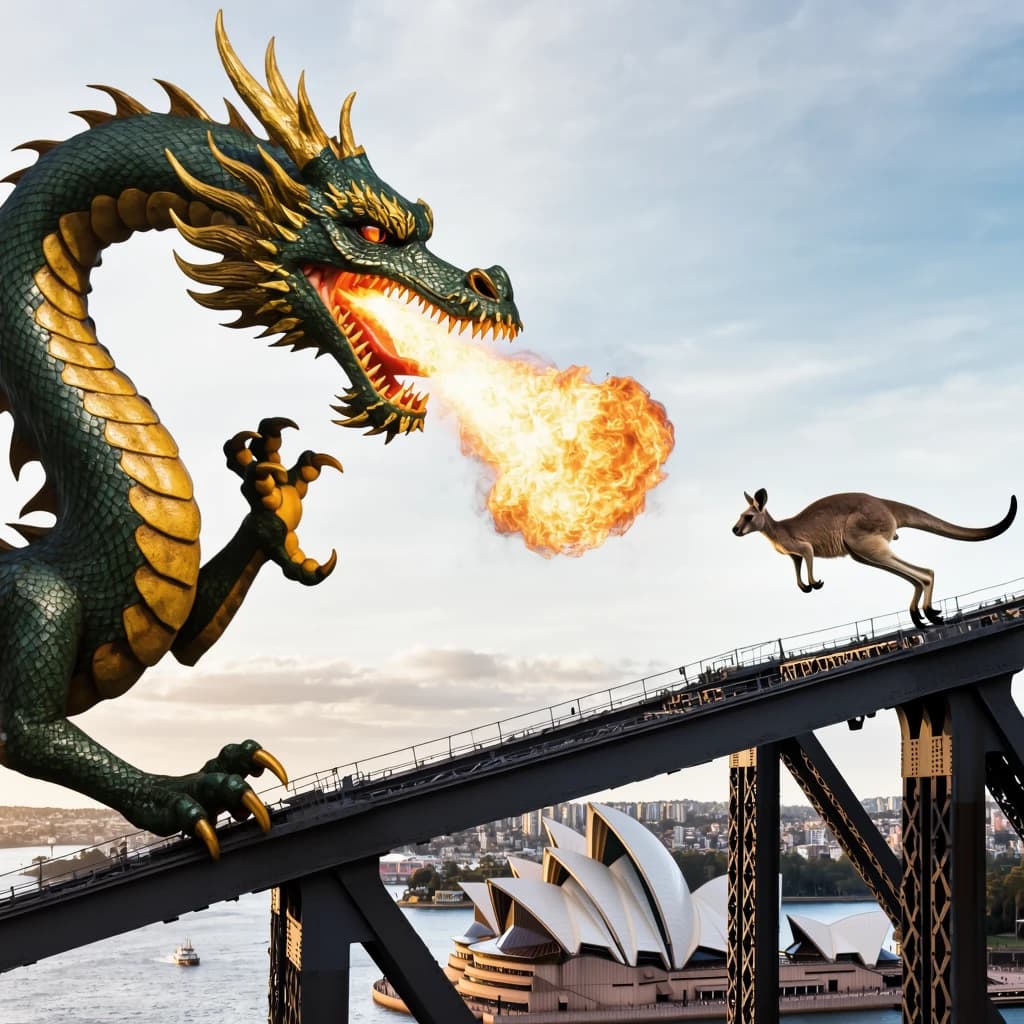 A dragon breathes fire at a kangaroo that is running away by climbing over the top of the Sydney Harbour Bridge. Opera House visible in the background.
