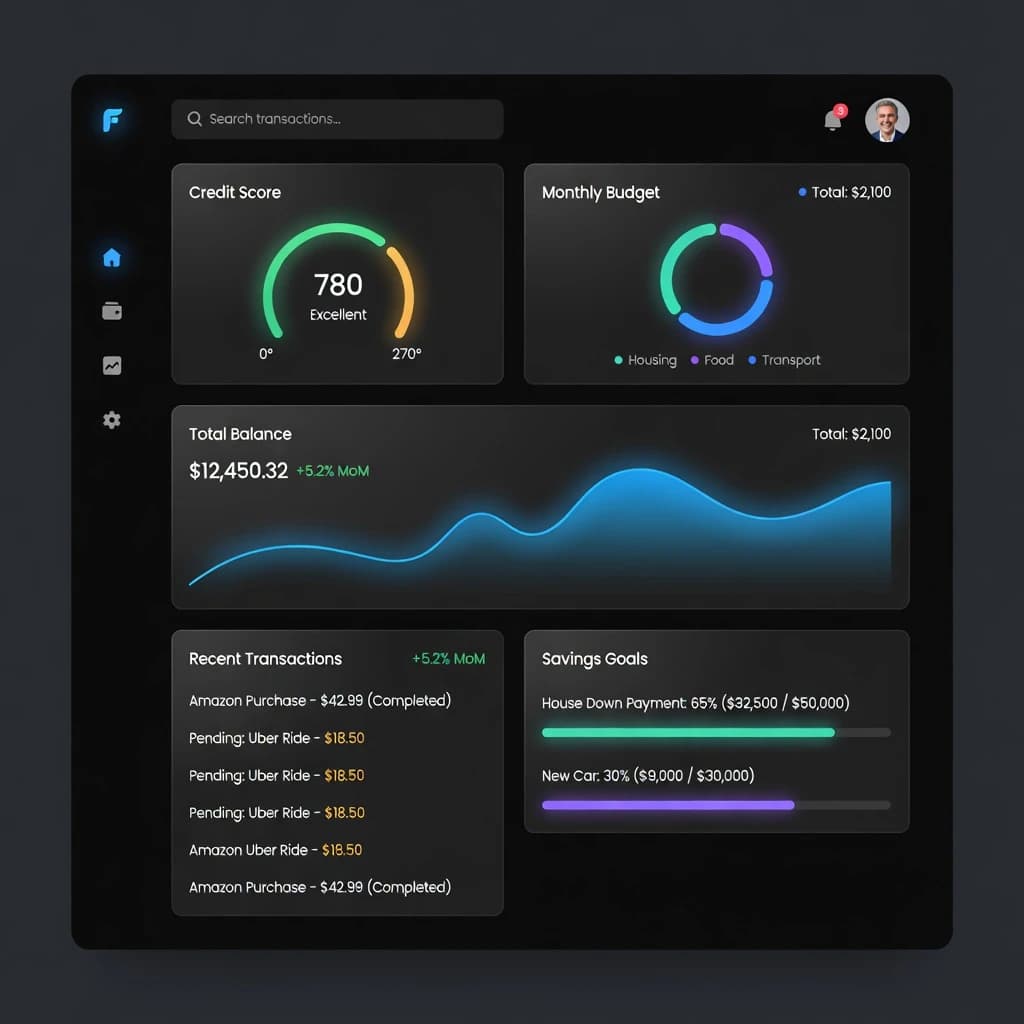 Make a dark mode finance dashboard with charts, glassmorphism, soft neon glow.