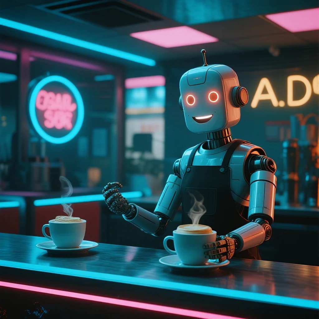 A smiling robot barista serves glowing lattes in a neon diner with bold lines.