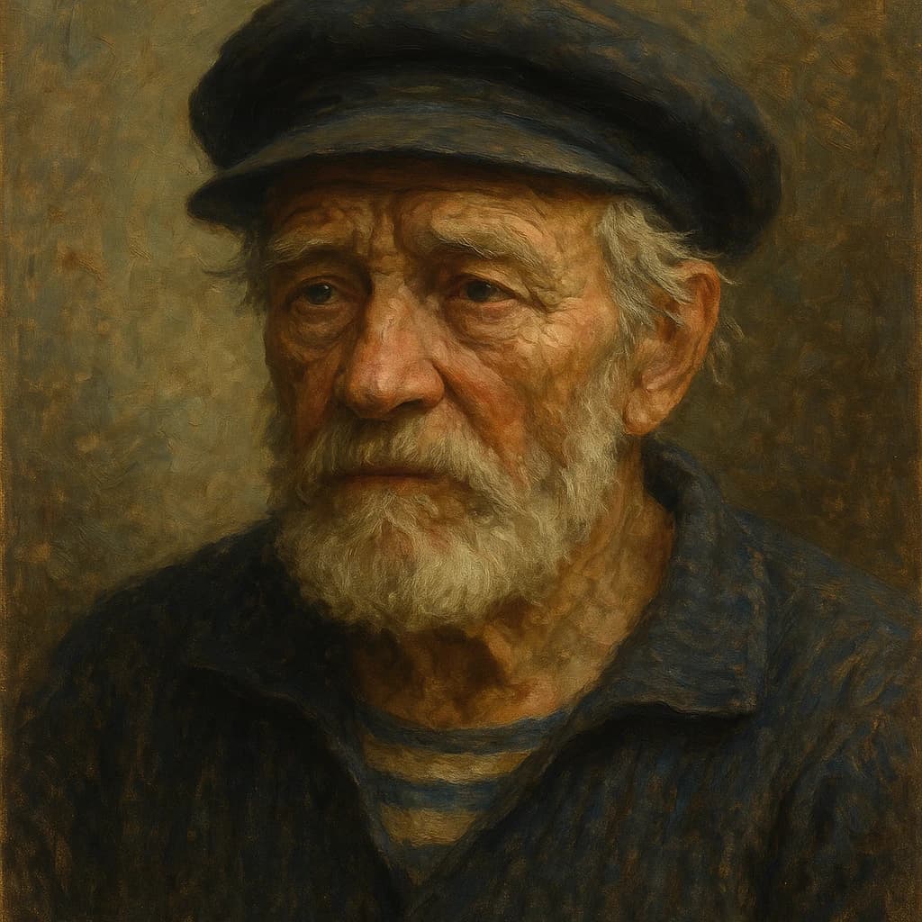 Oil on canvas portrait of an elderly sailor, weathered face, soft light.
