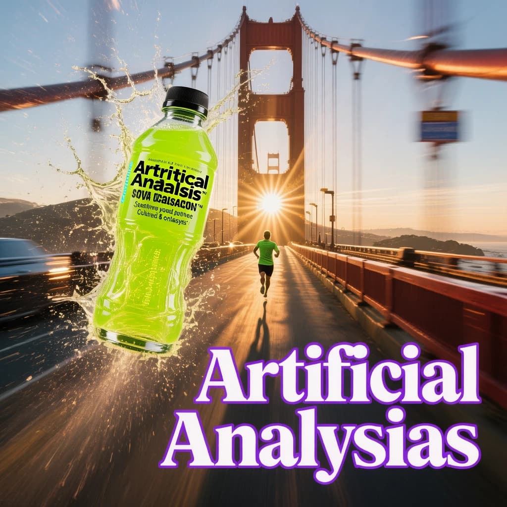 A runner dashes across the Golden Gate Bridge at dawn, sunlight streaming between cables. In their hand, they carry a neon-green sports drink with the brand name Artificial Analysis splashed boldly across the bottle. Motion blur emphasizes speed, while crisp purple sans serif typography overlays the bottom right of the scene with the tagline: Artificial Analysis is an independent AI benchmarking & analysis company
