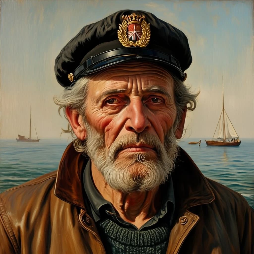 Oil on canvas portrait of an elderly sailor, weathered face, soft light.