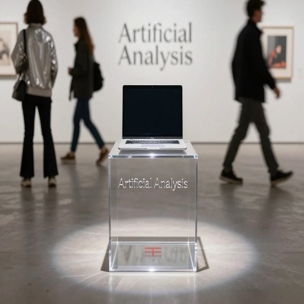 In a spotless gallery space, a pedestal supports a transparent laptop whose screen flickers between static and pristine brand imagery. Shoppers blur past in designer clothes that appear slightly outdated - bell bottoms, metallic jackets. The embossed logo “Artificial Analysis” glints silver, yet its reflection in the glass floor reads in crimson letters. A single spotlight shines, though shadows fall in two directions.