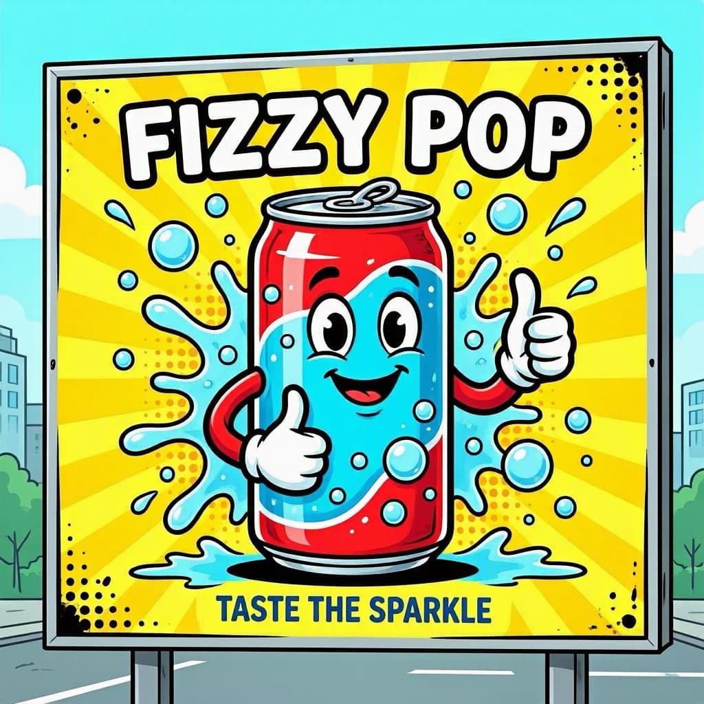 Design a bright soda billboard ad with a bubbly can mascot, thick inky lines.