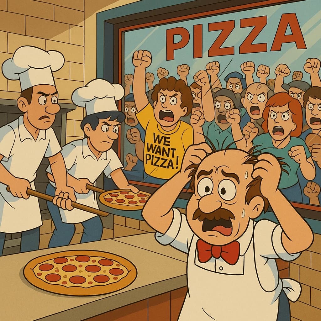 Pasquale is pulling his few remaining hairs out over a disaster at the pizzeria - the cooks are working as fast as they can but the crowds outside are swelling and they demand hot hot pizza! They are banging on the glass and some are wearing "we want pizza" shirts. 1980s western TV animation style.