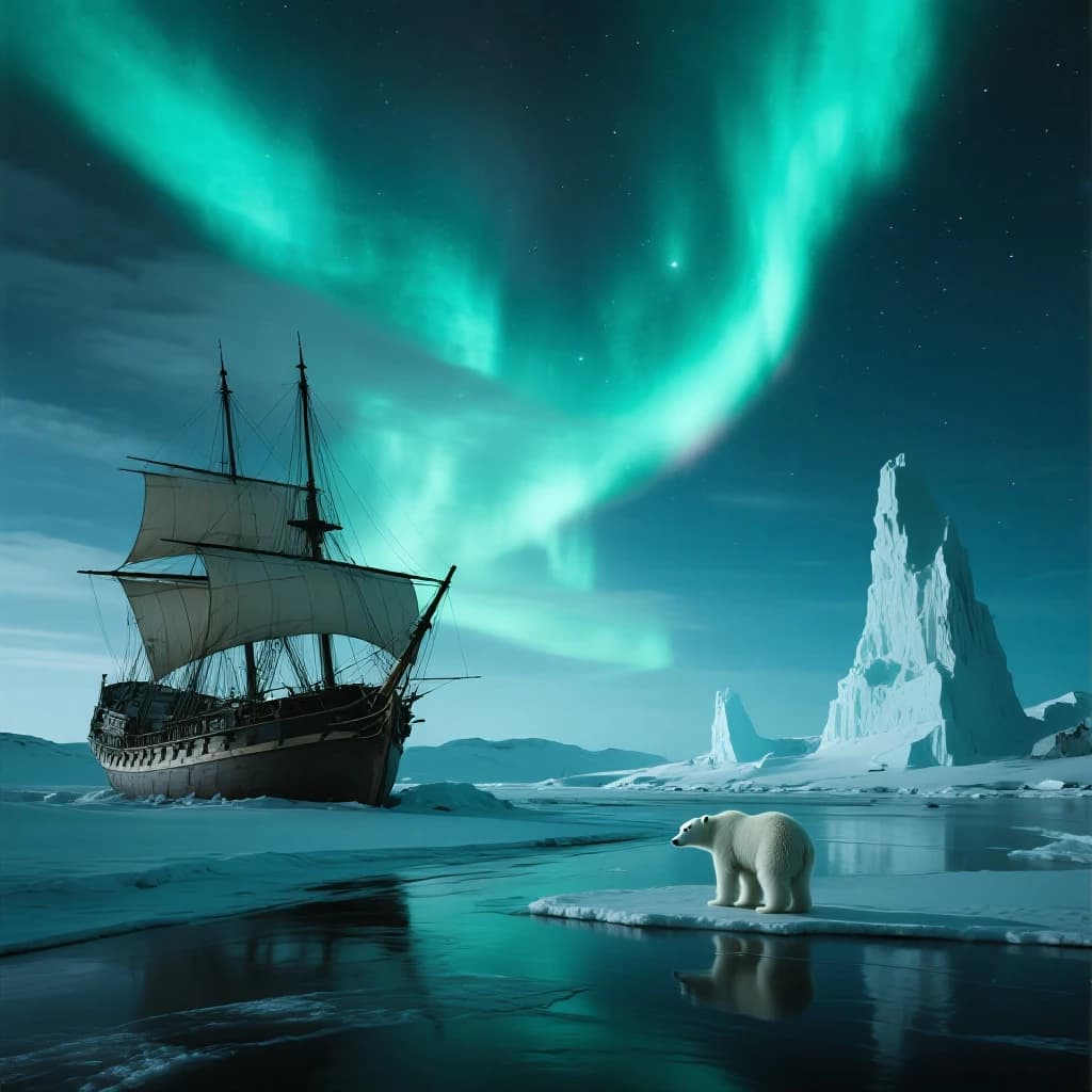 An endless tundra stretches outward, littered with jagged icebergs shaped like cathedral spires. A polar bear trudges across the foreground but leaves no tracks. Auroras ripple overhead. A half-buried shipwreck juts from the snow — sails billowing despite the still air.