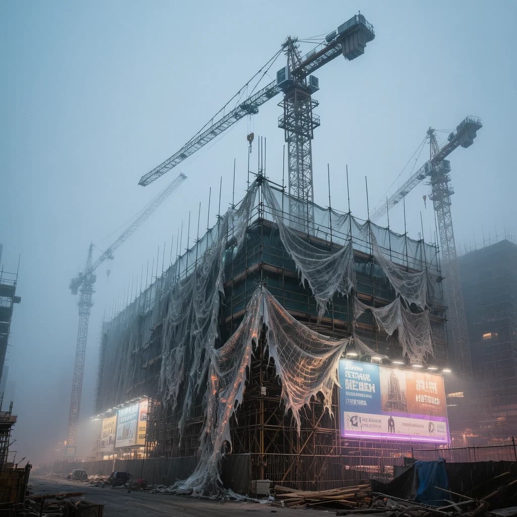 A construction site stretched upward into fog, cranes frozen in silhouette. Wind rattled scaffolding draped with torn mesh that glowed faintly from nearby billboards