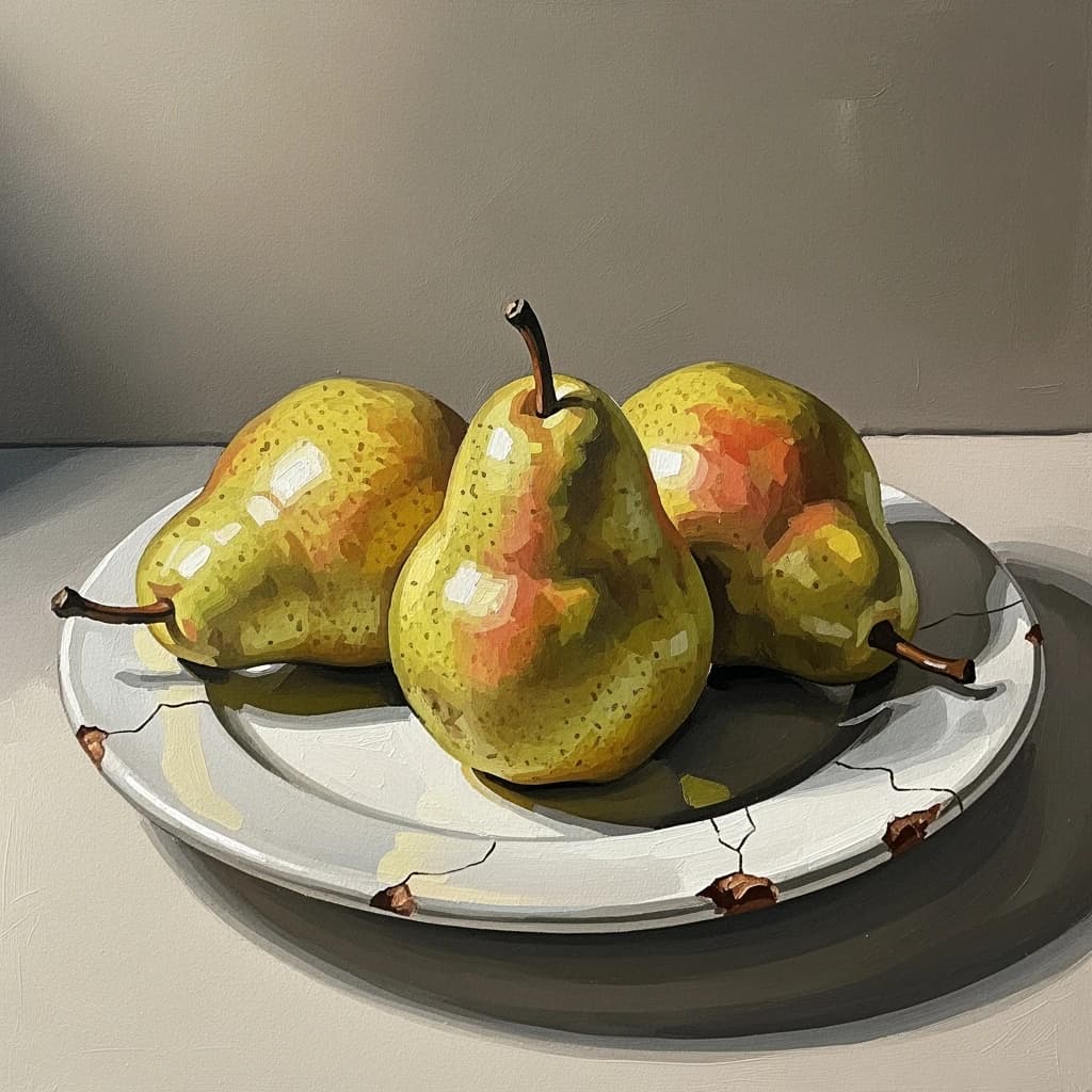 A gouache still life of pears on a chipped plate.