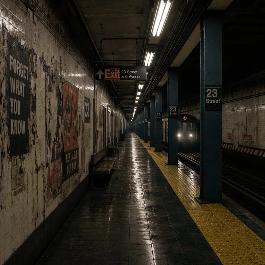 A subterranean subway platform with glossy tiles, peeling posters, flickering fluorescent lights, yellow safety line, and a distant train coming; slightly damp, echoes carry.