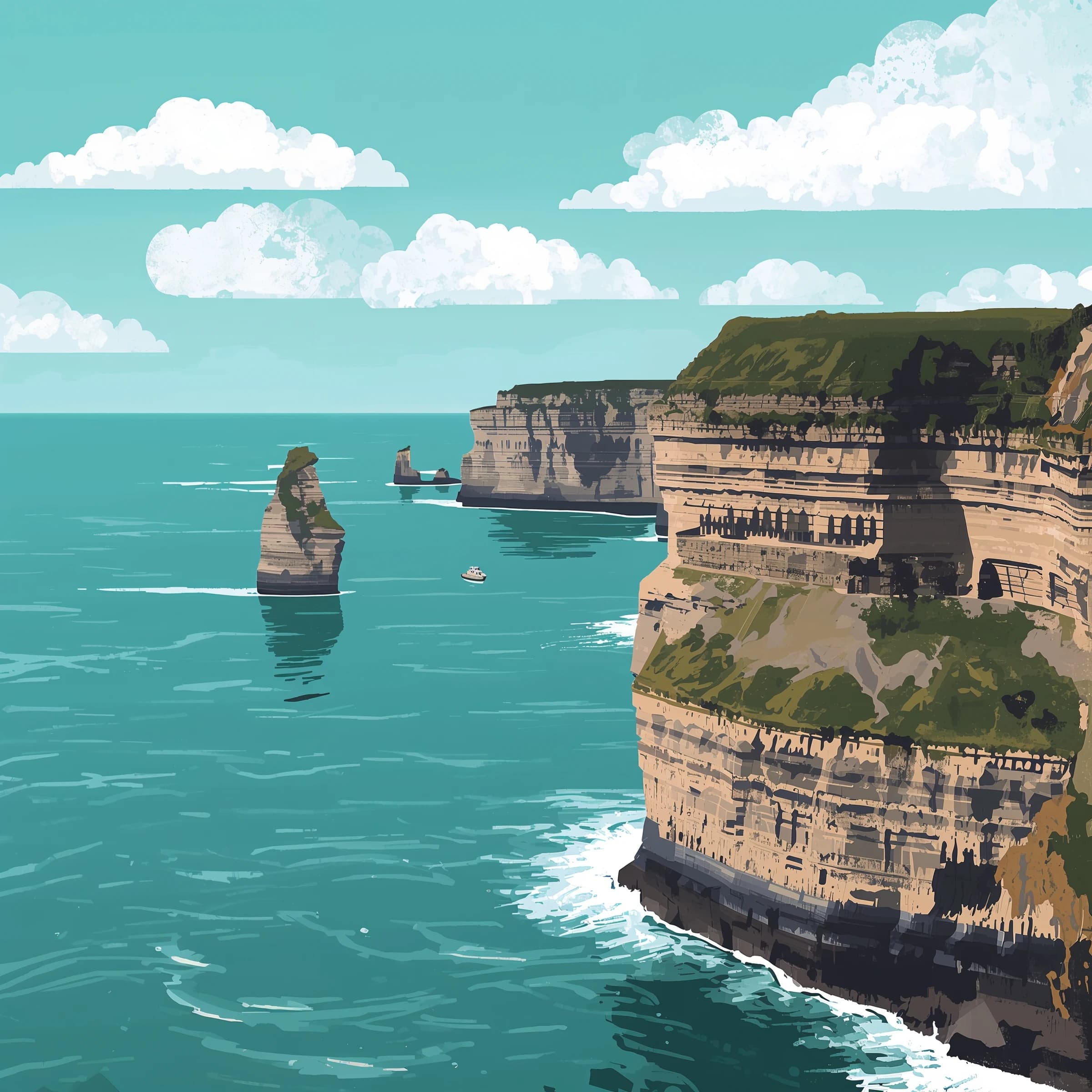 Bright cliffs over teal sea, fat clouds, bold outlines and flat shading.