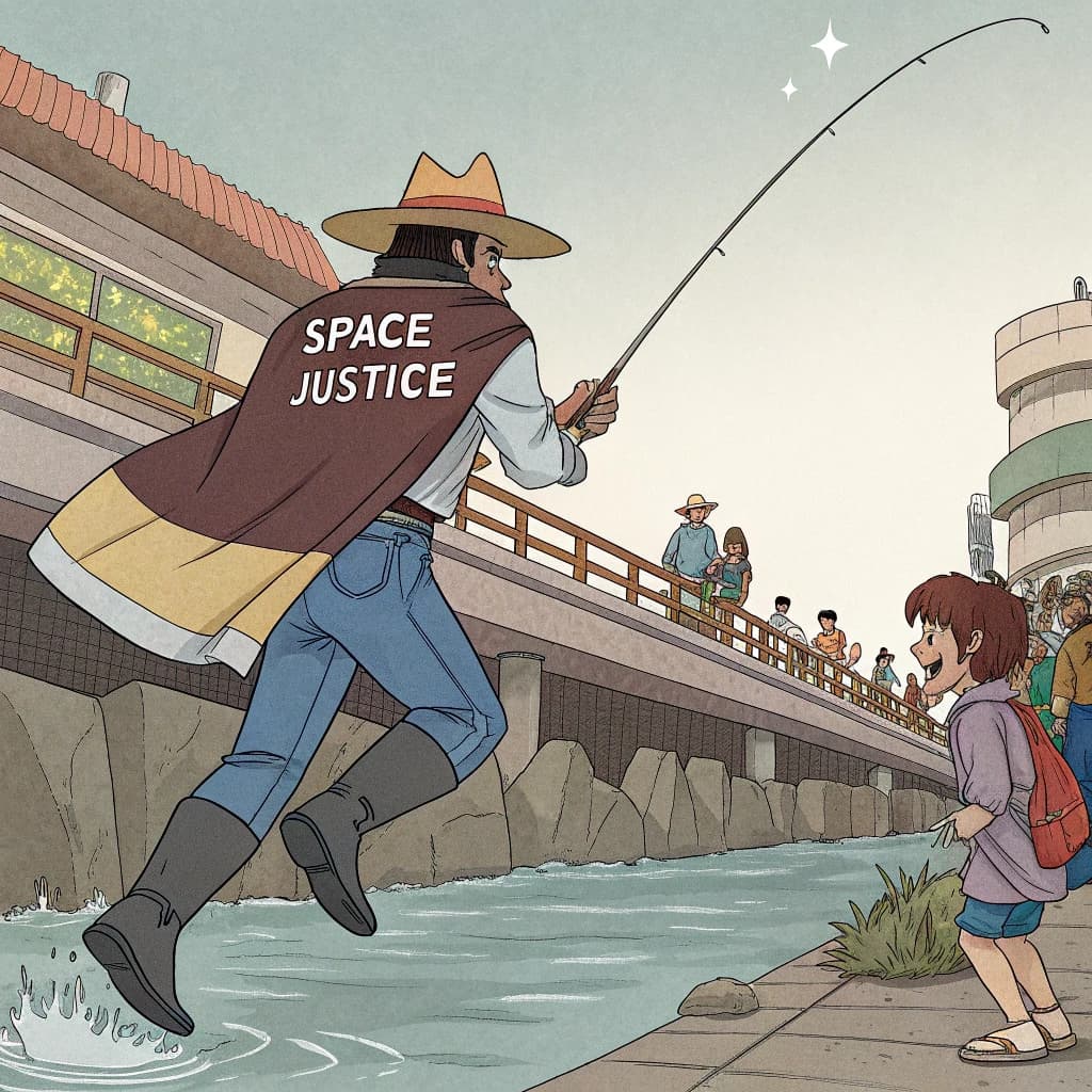 The space cowboy chases the deranged fisherman underneath the causeway, eager to collect on his bounty. Fishing rods and lines hang off the back off the fishermen as he darts between the bustling market crowd. We see the back of the space cowboy in his space poncho emblazoned with the words SPACE JUSTICE, spinning his lasso over his head. A child on the sidelines excitedly cheers the cowboy. 1990s hand drawn anime style with strong fluidity