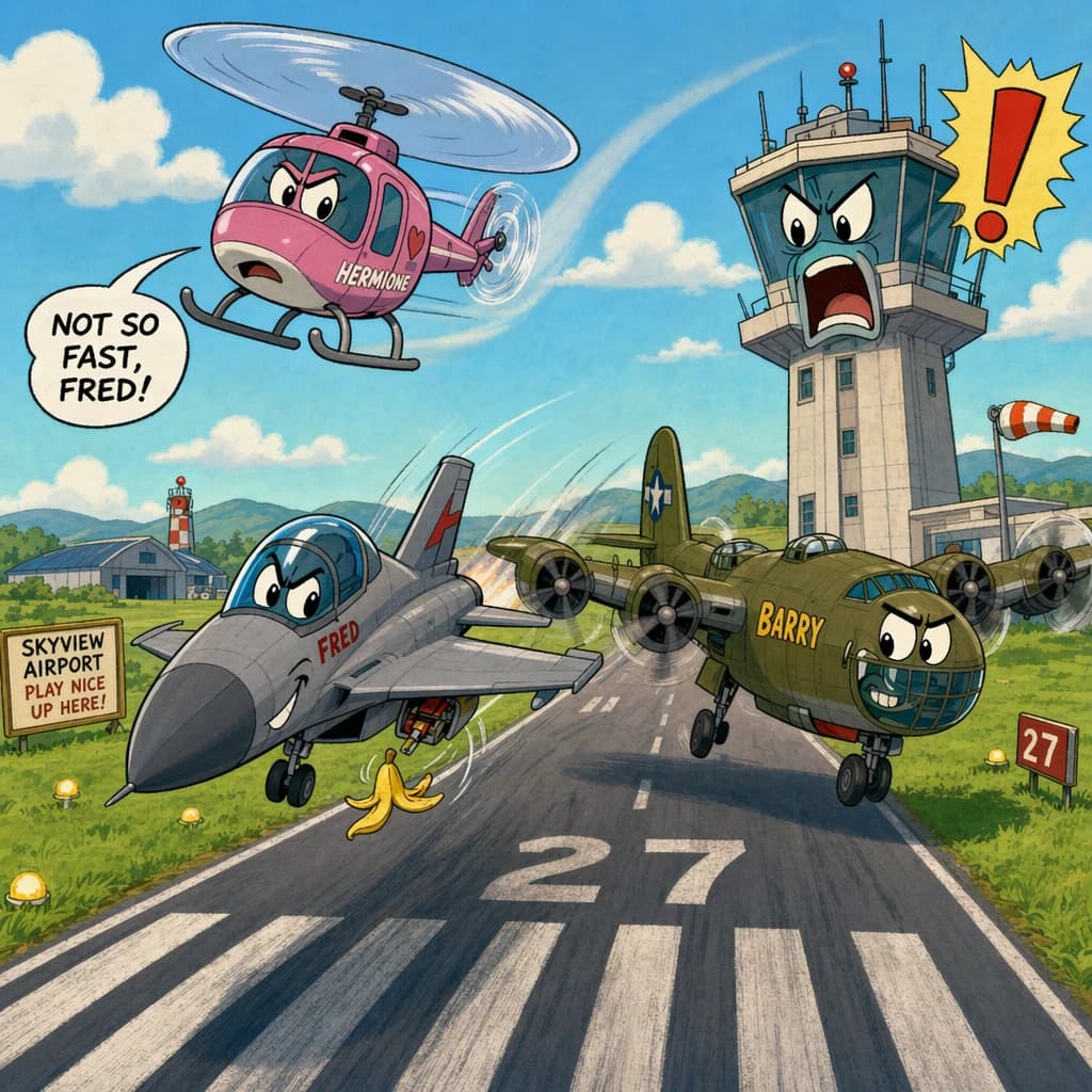 Almost at the runway, Fred the Fighter Jet is racing with Barry the Bomber to see who lands first. Fred has a mischievous trick up his sleeve but Hermione the Helicopter is going to stop him before he gets the chance. The control tower is very angry and has a big exclamation mark. Hand drawn cel look