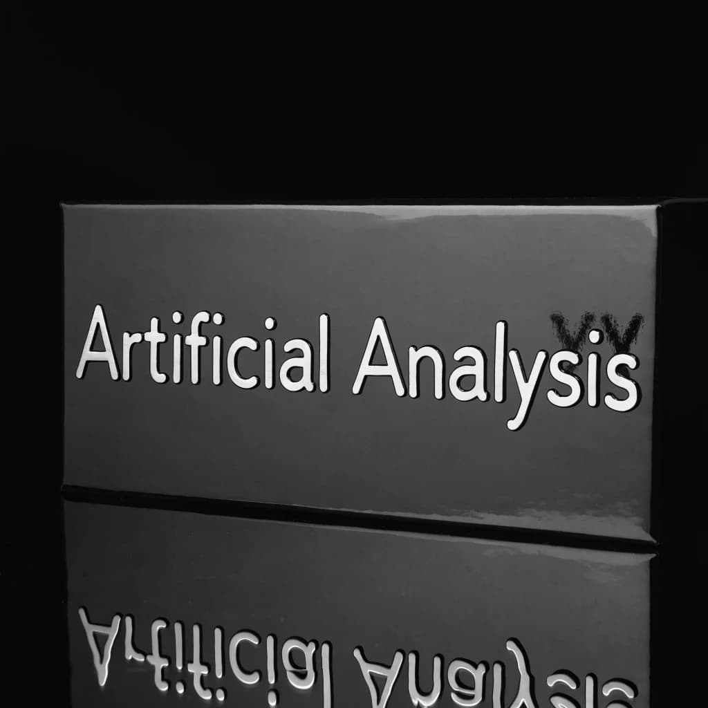 On the black box, silver foil embossing, centered: "Artificial Analysis" in Comic Sans Small Caps, perfectly justified. The letters are crisp, but the “Y” is duplicated faintly, ghosting right. On the box’s reflection, the word order is inverted: ARTIFICIAL ANALYSIS.
