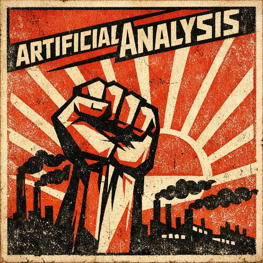 A propaganda poster in stark red, black, and beige. A clenched fist rises in the foreground, rendered with sharp geometric blocks. Behind it, radiating lines stretch upward toward a stylized sun. At the top, bold sans-serif lettering in Cyrillic-inspired type spells out Artificial Analysis, tilted at an angle for emphasis. A factory skyline silhouettes the bottom edge, smoke stacks rising into the background. The texture is rough, printed on aged paper with visible creases and ink bleed. Designed in the constructivist Soviet poster style.