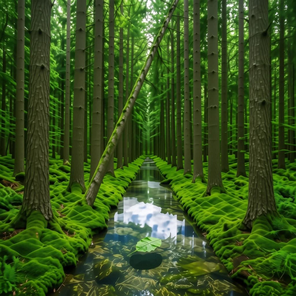 The forest is saturated green, trees identical in height and width, trunks straight, bark texture repeating. One trunk leans diagonally yet the branches remain vertical. The moss is emerald, glistening, though each patch forms identical diamond shapes. A stream runs straight, perfectly linear, water clear, reflecting clouds not visible in the sky. No animals, no insects, but one leaf floats on the water, doubled, showing two overlapping shadows.