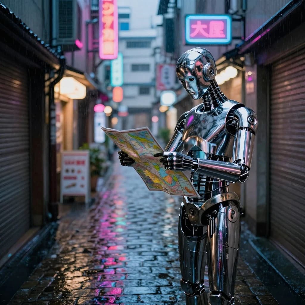 Neon-lit Tokyo alley, rain-slick cobblestones, a chrome android checks a map.