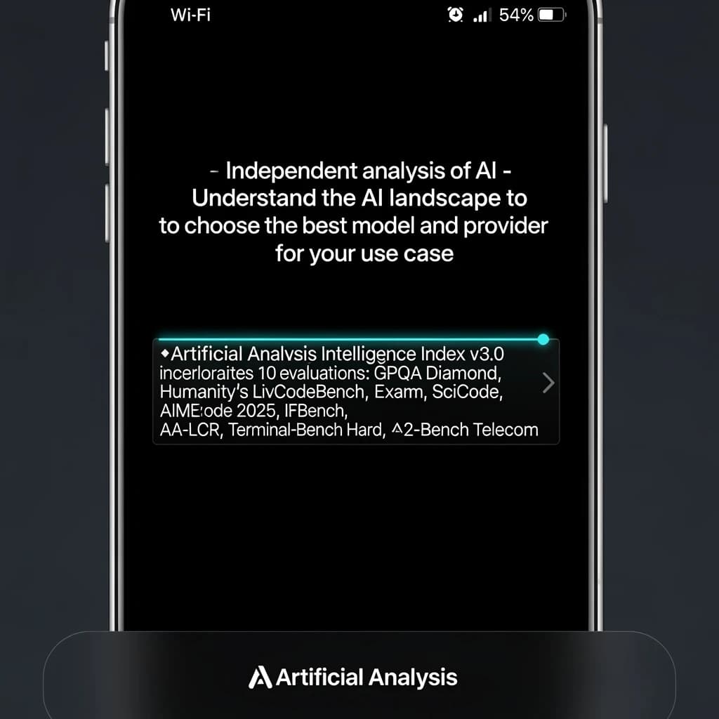 On a black smartphone UI with rounded corners, display a centered text block in white San Francisco font, 16pt: “Independent analysis of AI - Understand the AI landscape to choose the best model and provider for your use case.” Below, in neon cyan, monospace font, smaller size: “Artificial Analysis Intelligence Index v3.0 incorporates 10 evaluations: MMLU-Pro, GPQA Diamond, Humanity's Last Exam, LiveCodeBench, SciCode, AIME 2025, IFBench, AA-LCR, Terminal-Bench Hard, 𝜏²-Bench Telecom.” The second block scrolls horizontally as a ticker. The battery icon in the status bar shows 54%. The Artificial Analysis logo appears faintly, embossed into the bottom navigation bar.