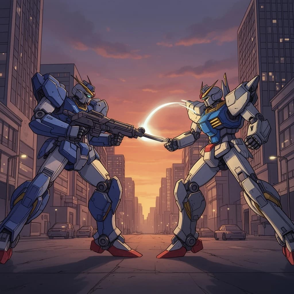 Make a cel-shaded mecha duel at dusk downtown.