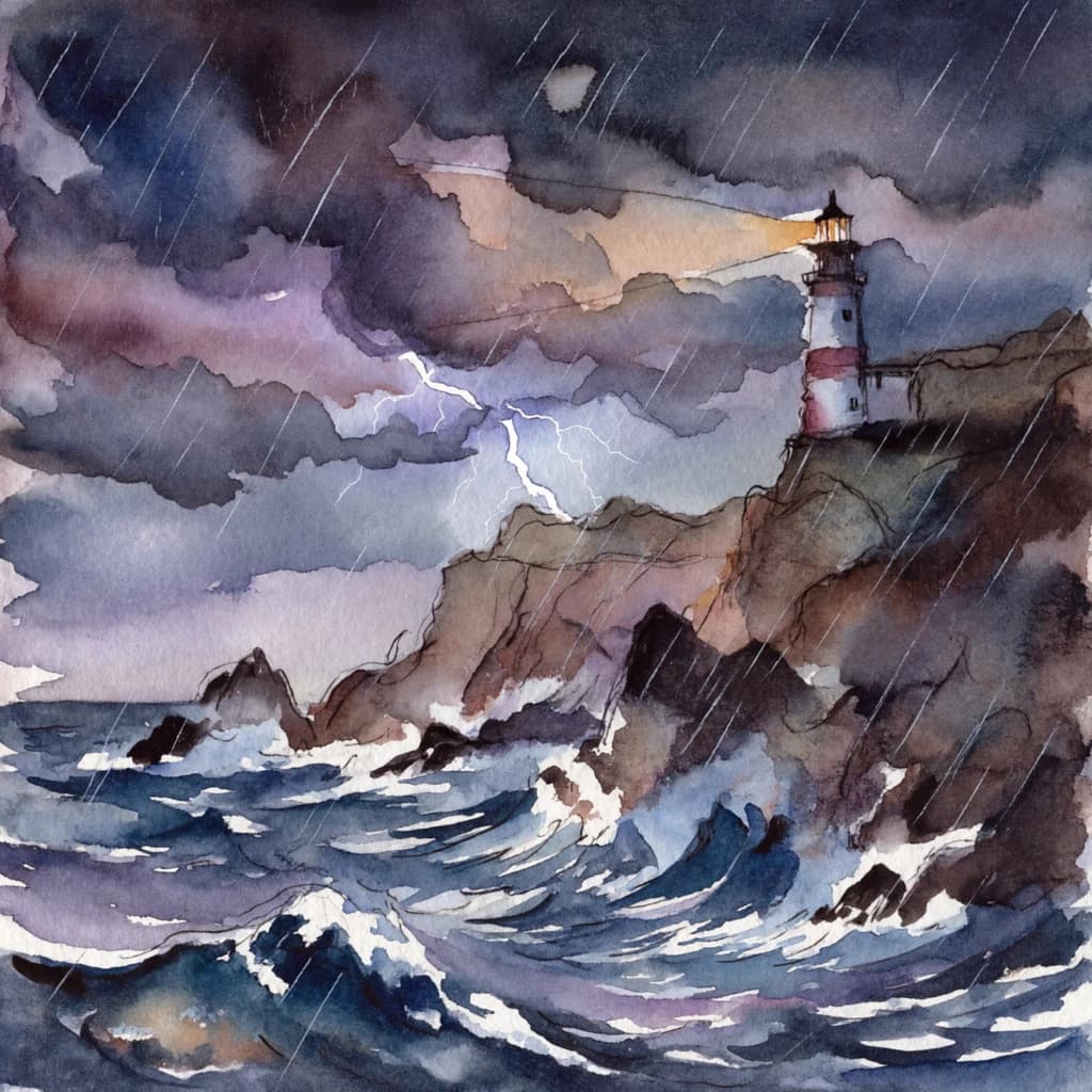 Please paint a watercolor of stormy cliffs and a lighthouse, moody sky.