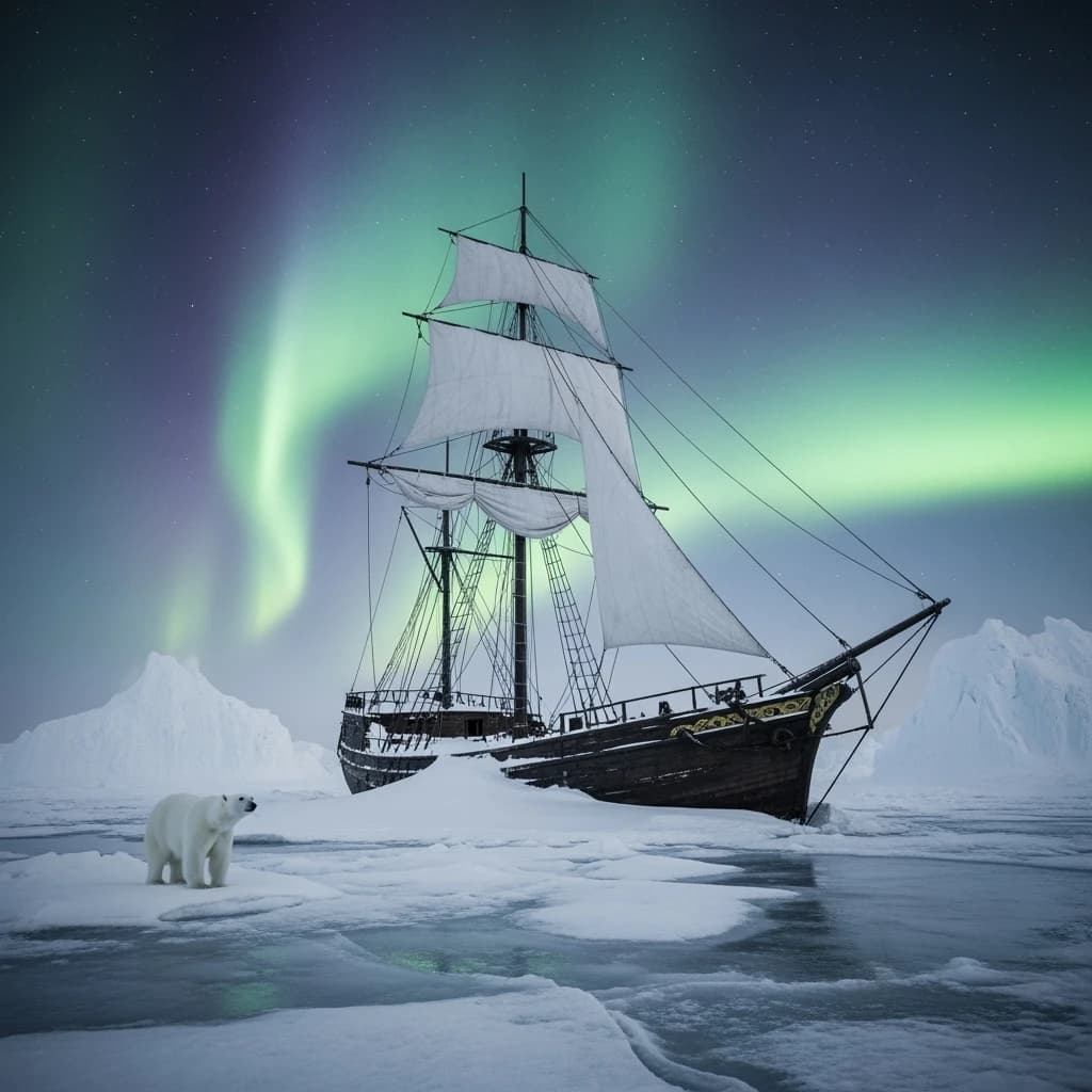 An endless tundra stretches outward, littered with jagged icebergs shaped like cathedral spires. A polar bear trudges across the foreground but leaves no tracks. Auroras ripple overhead. A half-buried shipwreck juts from the snow — sails billowing despite the still air.