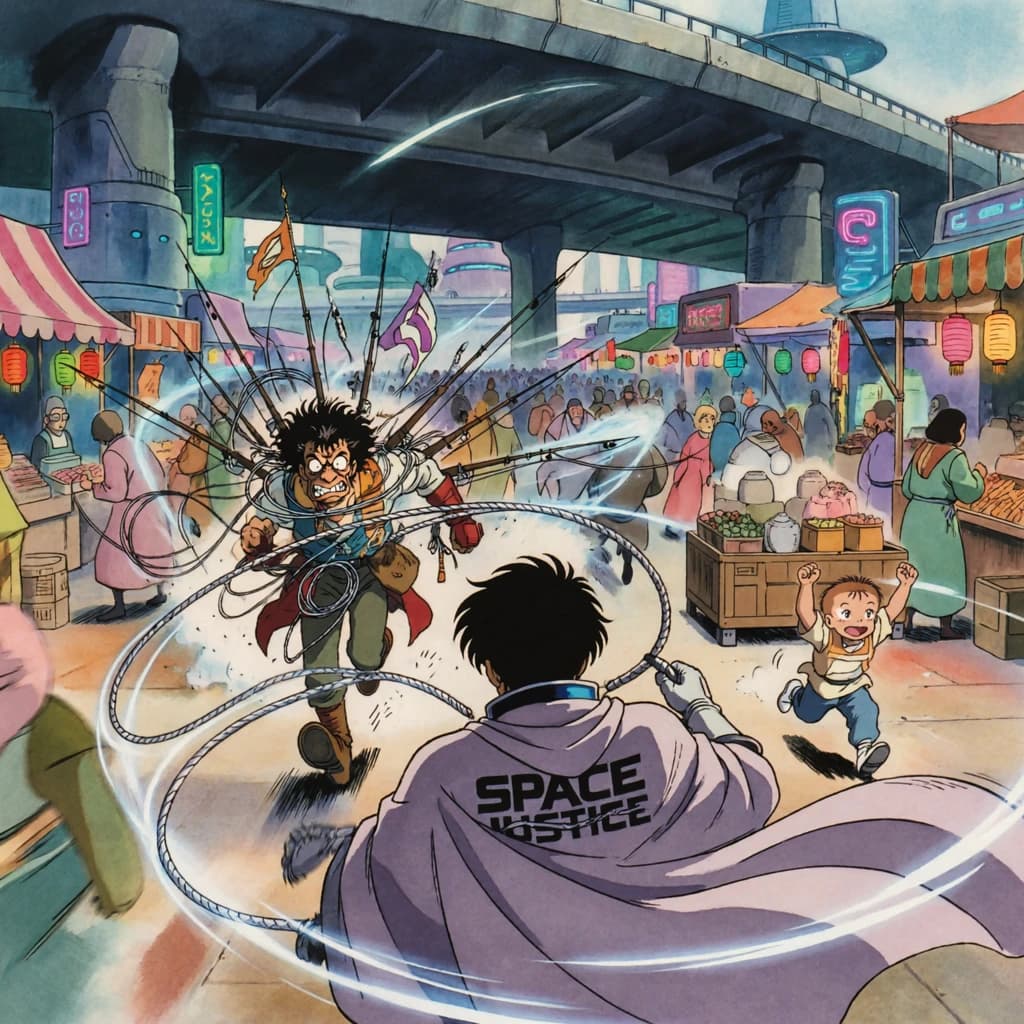 The space cowboy chases the deranged fisherman underneath the causeway, eager to collect on his bounty. Fishing rods and lines hang off the back off the fishermen as he darts between the bustling market crowd. We see the back of the space cowboy in his space poncho emblazoned with the words SPACE JUSTICE, spinning his lasso over his head. A child on the sidelines excitedly cheers the cowboy. 1990s hand drawn anime style with strong fluidity