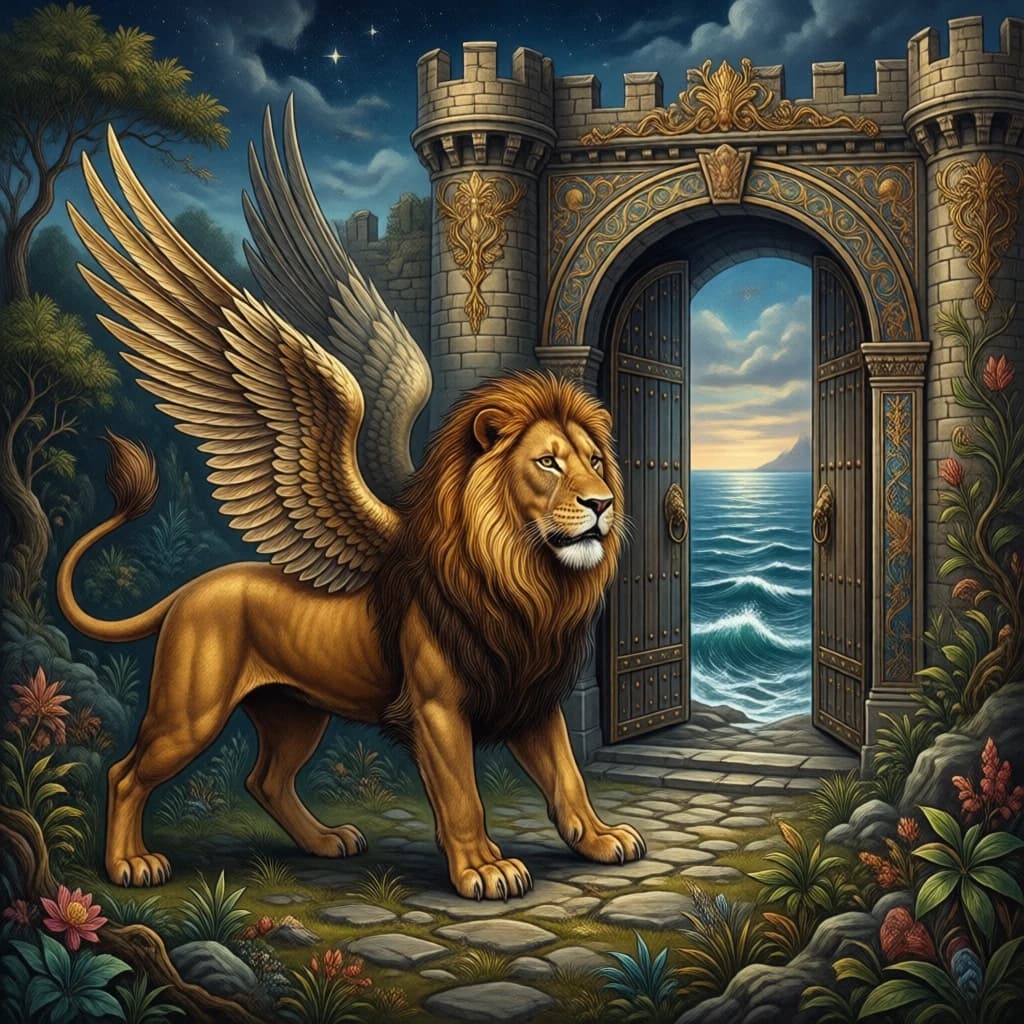 Paint an illuminated manuscript scene of a winged lion guarding a sea gate.