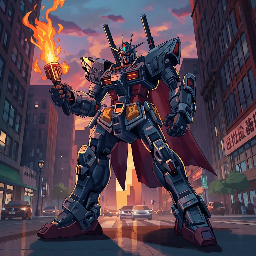 Make a cel-shaded mecha duel at dusk downtown.