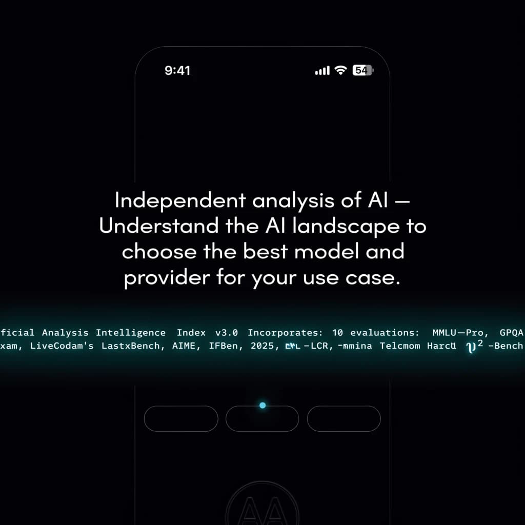 On a black smartphone UI with rounded corners, display a centered text block in white San Francisco font, 16pt: “Independent analysis of AI - Understand the AI landscape to choose the best model and provider for your use case.” Below, in neon cyan, monospace font, smaller size: “Artificial Analysis Intelligence Index v3.0 incorporates 10 evaluations: MMLU-Pro, GPQA Diamond, Humanity's Last Exam, LiveCodeBench, SciCode, AIME 2025, IFBench, AA-LCR, Terminal-Bench Hard, 𝜏²-Bench Telecom.” The second block scrolls horizontally as a ticker. The battery icon in the status bar shows 54%. The Artificial Analysis logo appears faintly, embossed into the bottom navigation bar.