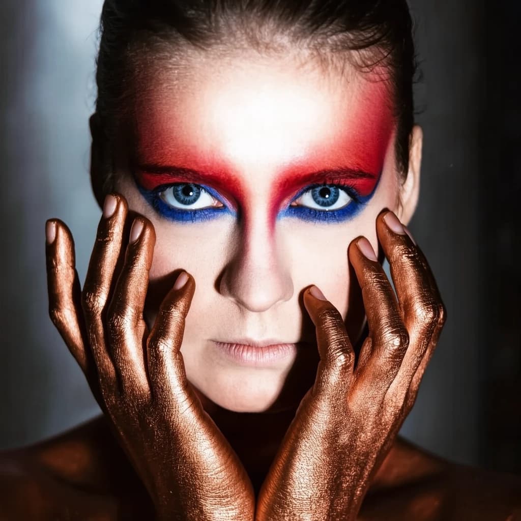 A striking close-up portrait of a woman with cracked metallic copper-painted hands framing her face. Her vivid blue and red eye makeup contrasts sharply with the smooth, pale skin and muted background, creating a bold, surreal composition. She displays an air of uncertainty about her