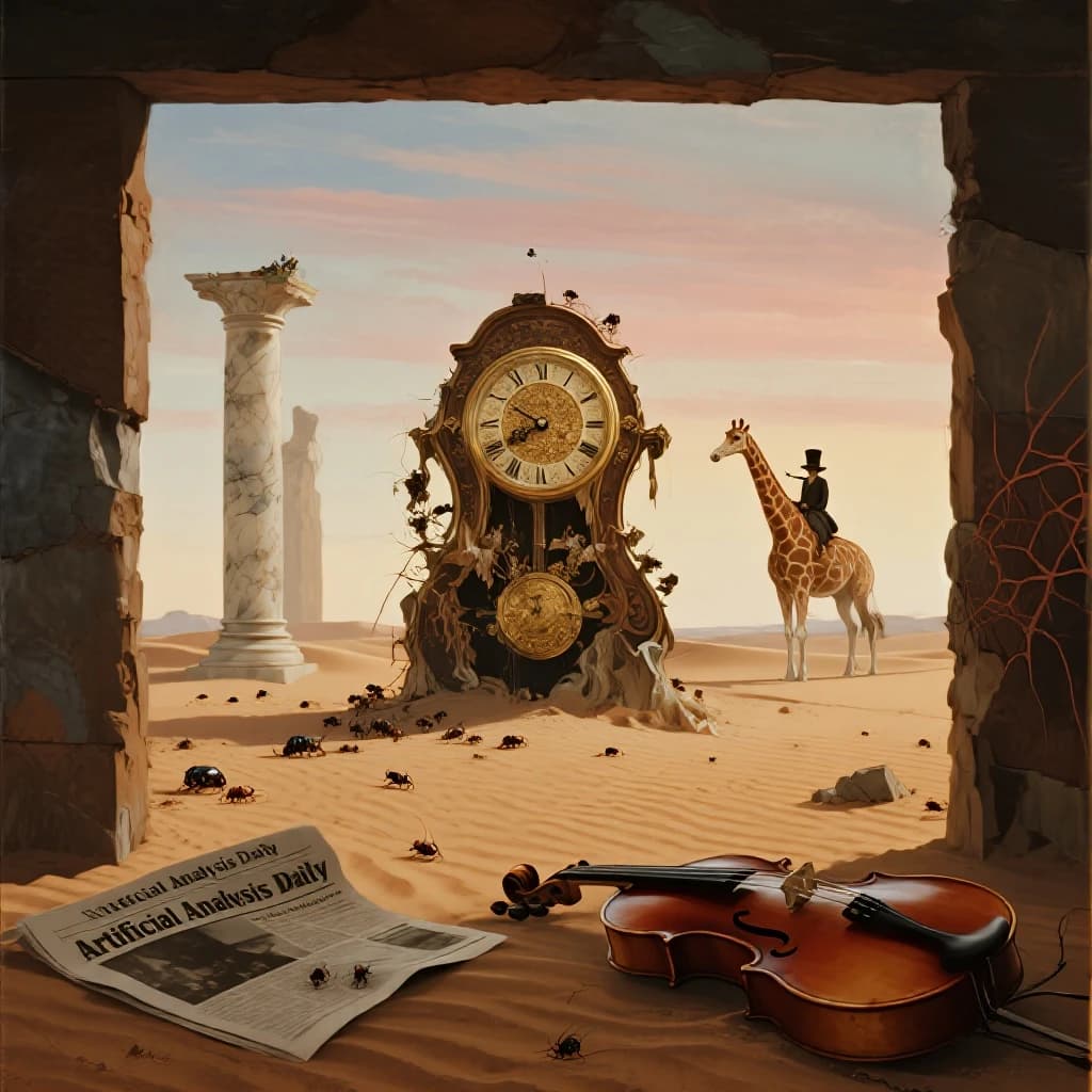 A vast desert plain stretches endlessly under a sky streaked with pale pink and ochre clouds. In the center stands a colossal clock, its face drooping and melting over the edge of a broken marble column. Ants swarm across its warped surface, glinting in the harsh sunlight. To the right, a horse with a giraffe like neck wearing a top hat strides toward the horizon, its shadow stretching miles across the sand. A cracked violin lies half-buried in the foreground, strings snapping outward like veins. Painted in the dreamlike surrealist style. A newspaper named the "Artificial Analysis Daily" lies on the Floor.