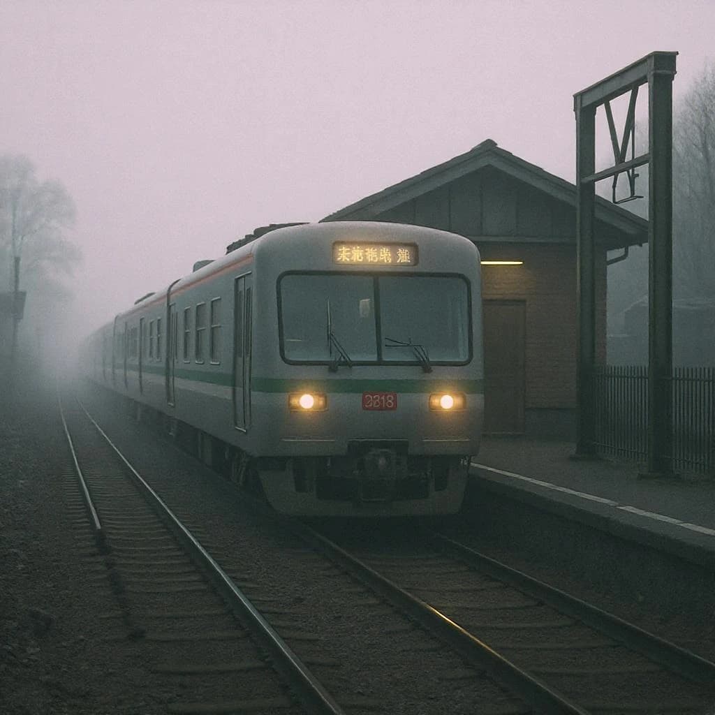 A commuter train enters a foggy little station.