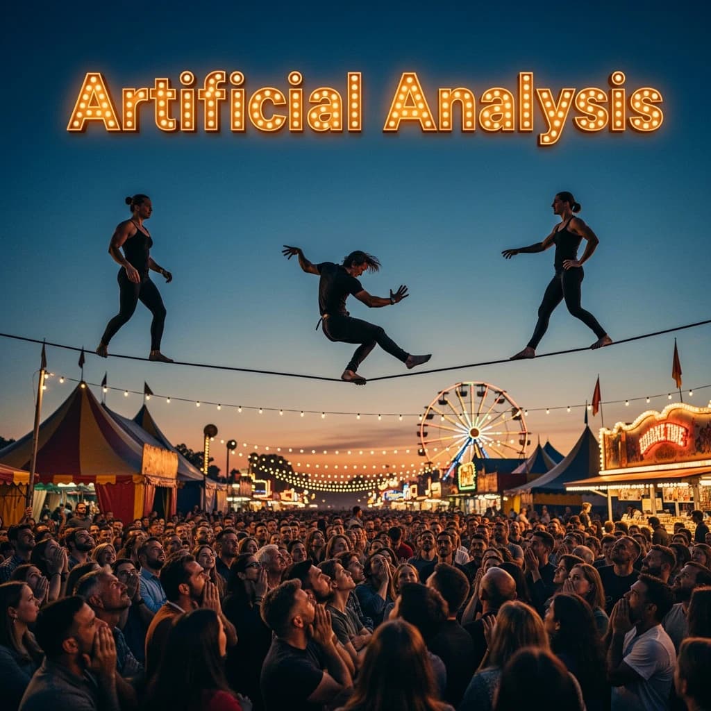 At dusk, high above a carnival crowd, three tightrope walkers balance on a single rope with no aids, one is off balance and grabbing at air. Below, the audience looks upward with baited anticipation. Artificial Analysis is spelled out in the background in carnival lights