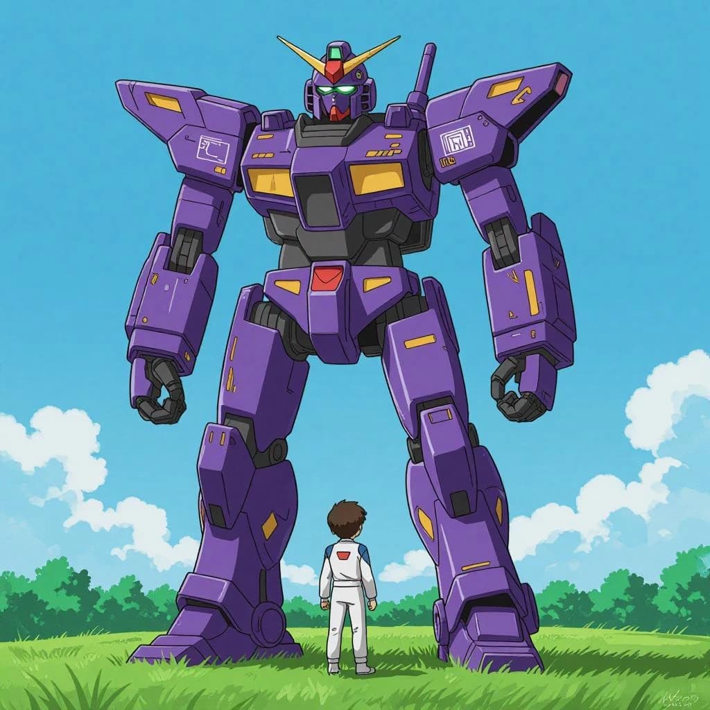 Clad in his body suit up to the neck, young Masa nervously approaches the towering mech with his back facing us. He is nervous for his first time in the field. The mech's bright purple colour scheme contrasts with the grey body suit. The scale of the mech dwarfs Masa. Hand drawn style