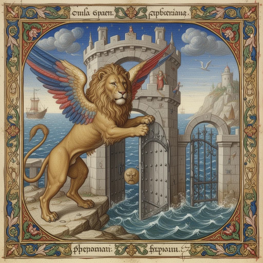 Paint an illuminated manuscript scene of a winged lion guarding a sea gate.