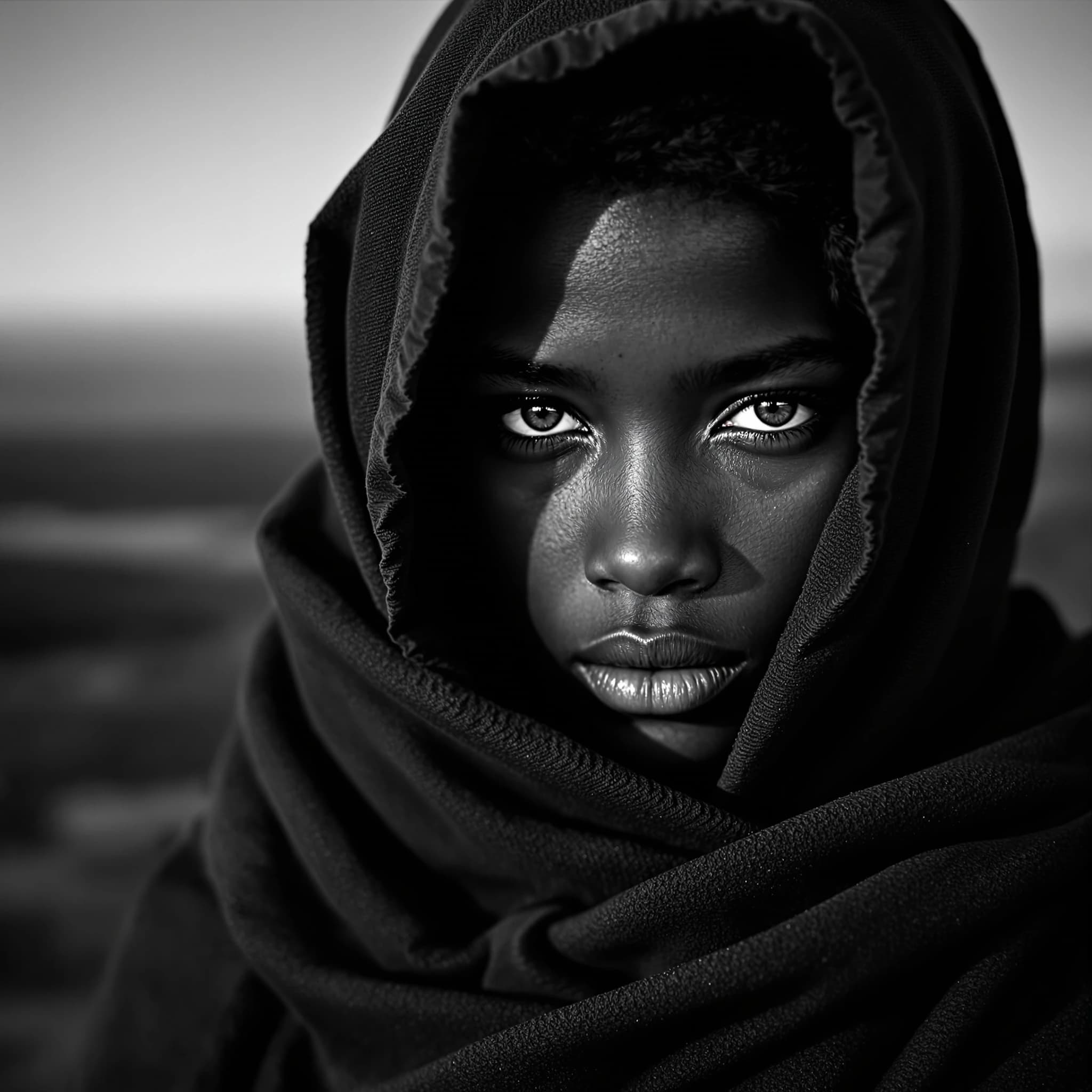 A dramatic black-and-white portrait of a young person draped in a hooded garment, their face framed by the hood's dark folds. Their skin tone and the subtle sheen on their cheeks create striking tonal contrast against the deep shadows. Their eyes are piercing, looking directly into the lens with a calm, steady intensity—neither confrontational nor submissive, but deeply present. The texture of the fabric is visible: it's dense, slightly weathered, and whisper-thin creases catch the light. In the background, an expansive, out-of-focus landscape suggests open space—perhaps distant plains or water—though the details remain soft and abstract. The overall mood is silent yet powerful, poised between vulnerability and resilience, with every highlight and shadow telling part of their story.
