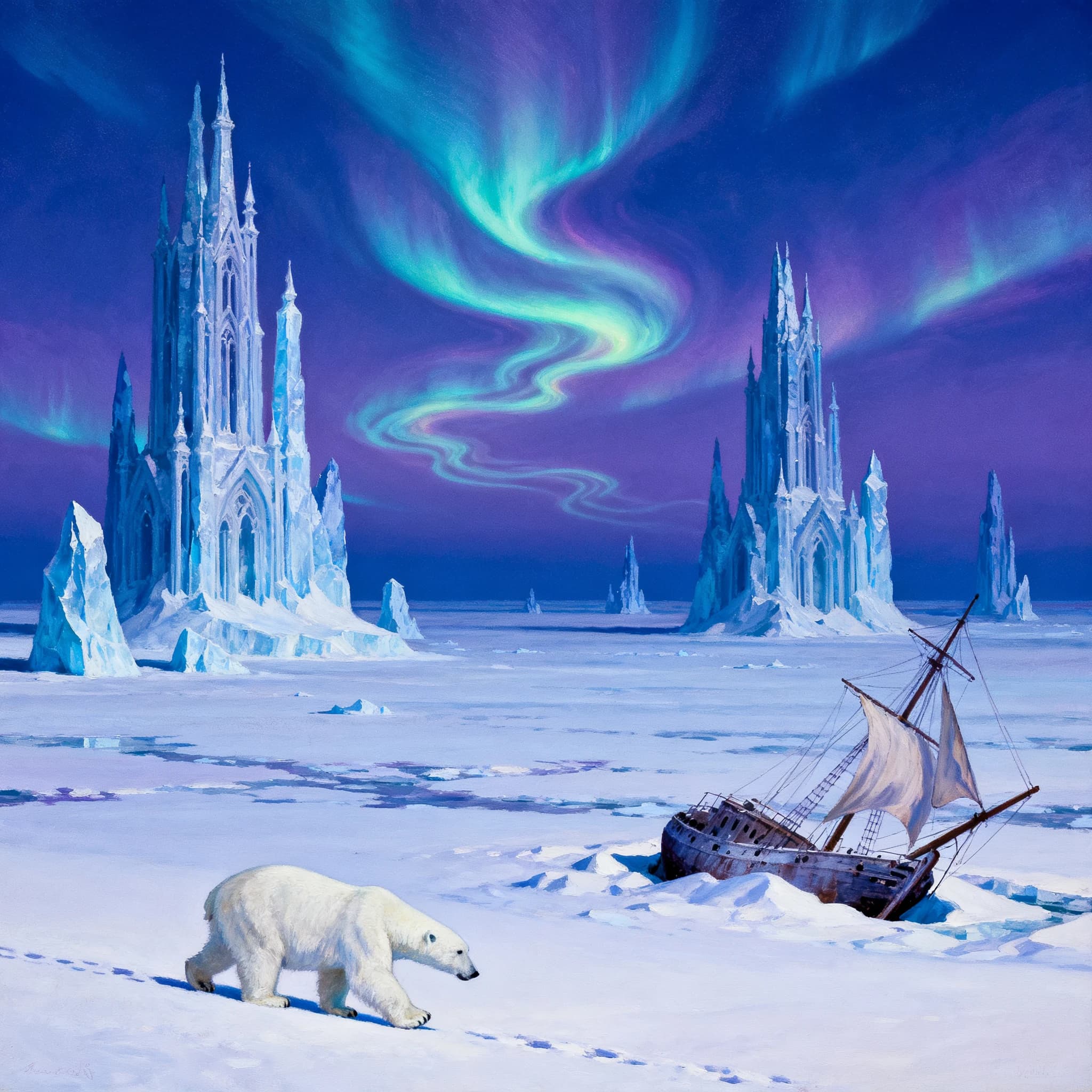 An endless tundra stretches outward, littered with jagged icebergs shaped like cathedral spires. A polar bear trudges across the foreground but leaves no tracks. Auroras ripple overhead. A half-buried shipwreck juts from the snow — sails billowing despite the still air.