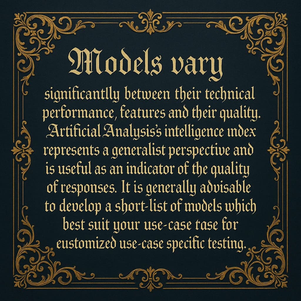 On a flat layout, write in an ornate baroque style "Models vary significantly between their technical performance, features and their quality. Artificial Analysis's intelligence index represents a generalist perspective and is useful as an indicator of the quality of responses. It is generally advisable to develop a short-list of models which best suit your use-case for customized use-case specific testing. "