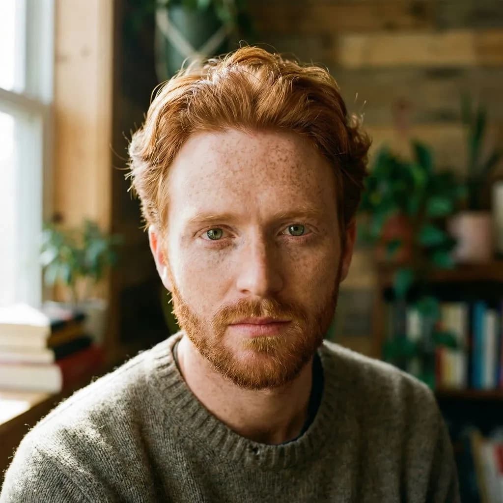 Shoot a natural light headshot of a red-haired man with freckles, green eyes.