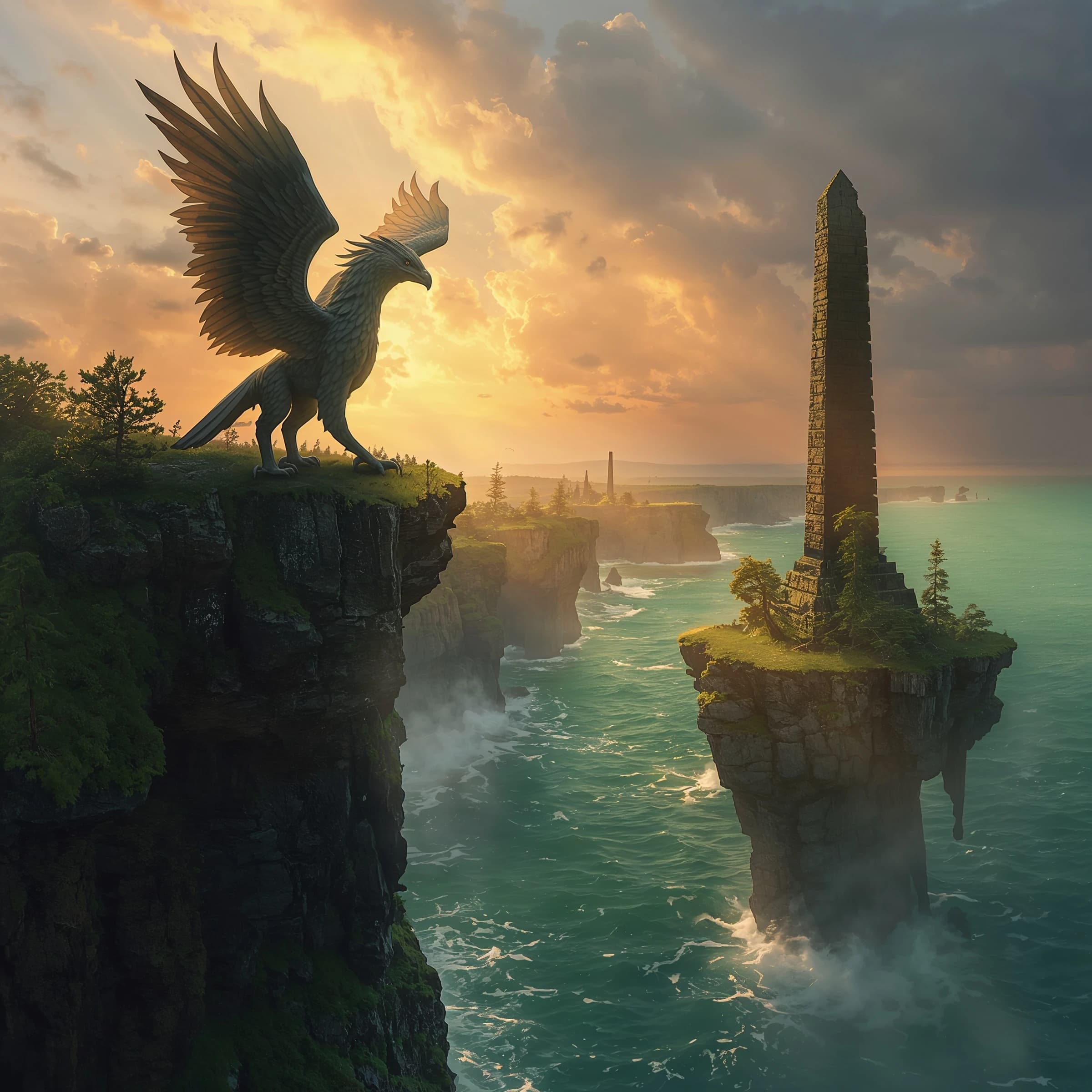At dawn, a winged griffin lands on a mossy cliff above a jade sea beside a runed obelisk; floating isles drift under golden sunbeams, with a bit of sea spray and glowing runes.