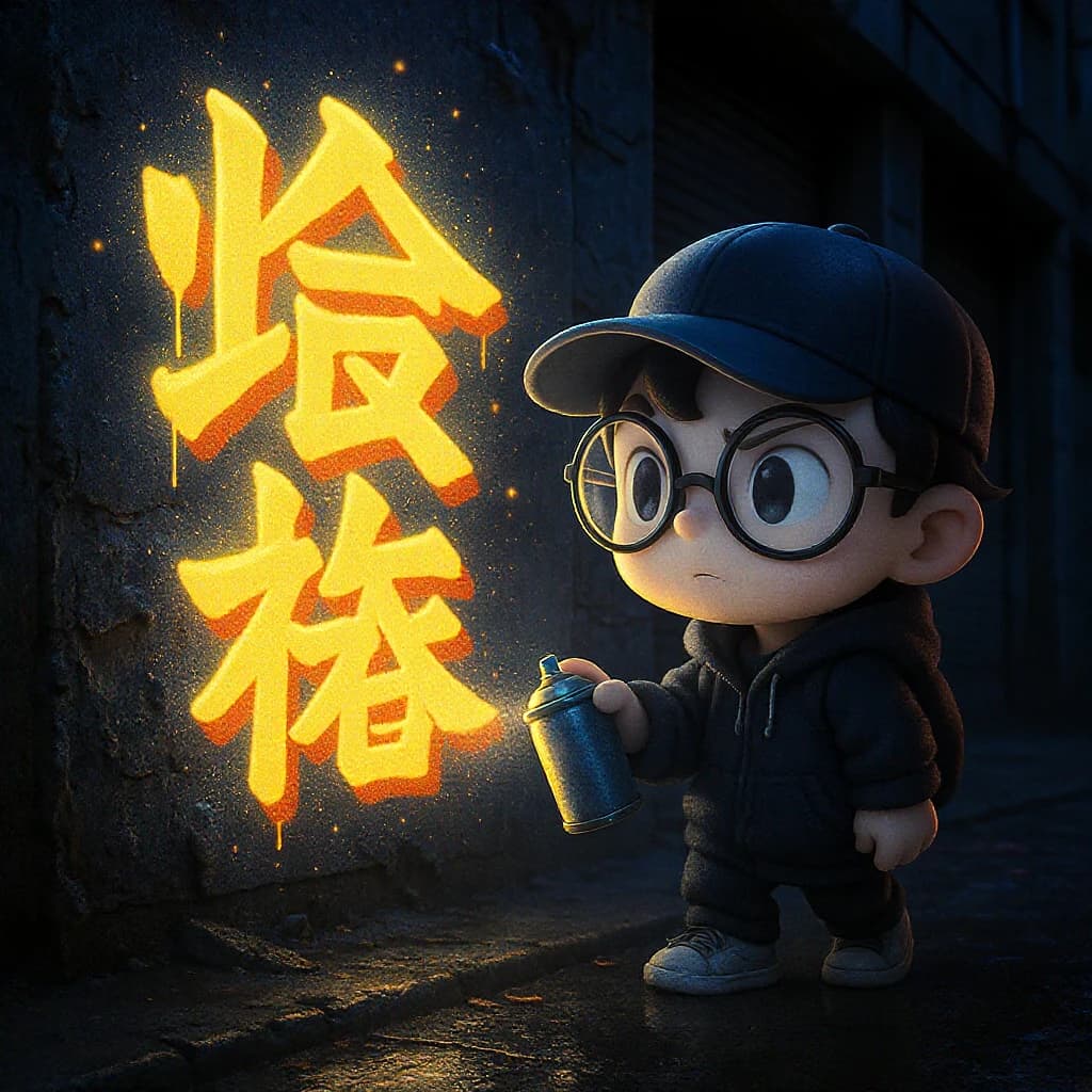 Chibi artist sprays huge neon kanji on a rainy alley wall, with sparkles.