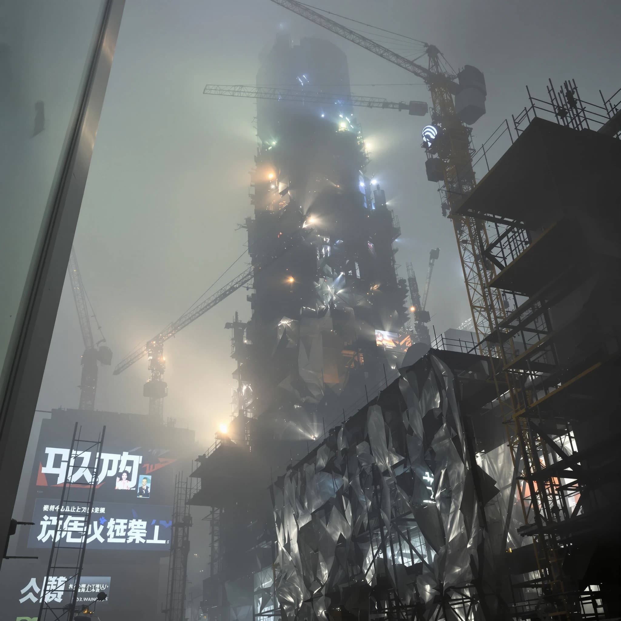 A construction site stretched upward into fog, cranes frozen in silhouette. Wind rattled scaffolding draped with torn mesh that glowed faintly from nearby billboards