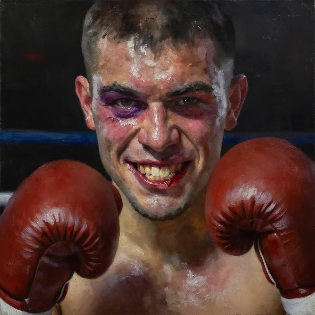 Paint a bruised boxer smiling, serious expression.