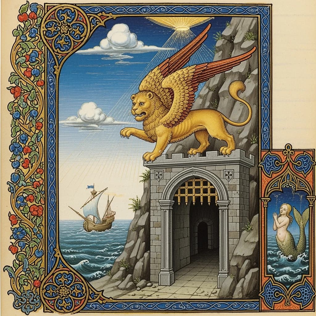 Paint an illuminated manuscript scene of a winged lion guarding a sea gate.
