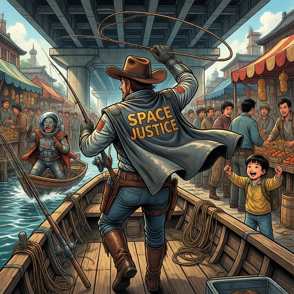 The space cowboy chases the deranged fisherman underneath the causeway, eager to collect on his bounty. Fishing rods and lines hang off the back off the fishermen as he darts between the bustling market crowd. We see the back of the space cowboy in his space poncho emblazoned with the words SPACE JUSTICE, spinning his lasso over his head. A child on the sidelines excitedly cheers the cowboy. 1990s hand drawn anime style with strong fluidity