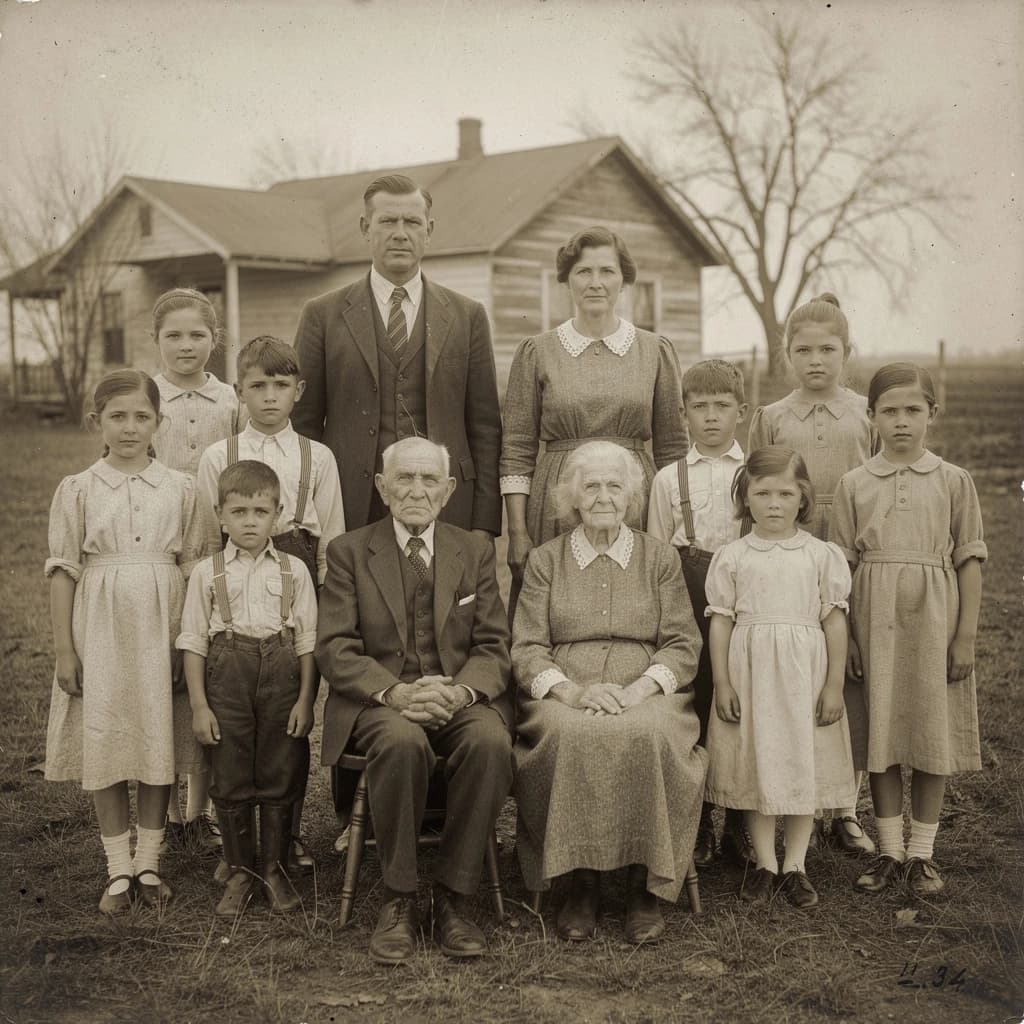 Everybody holds still and nobody smiles for the family portrait. It's 1928 in Kansas