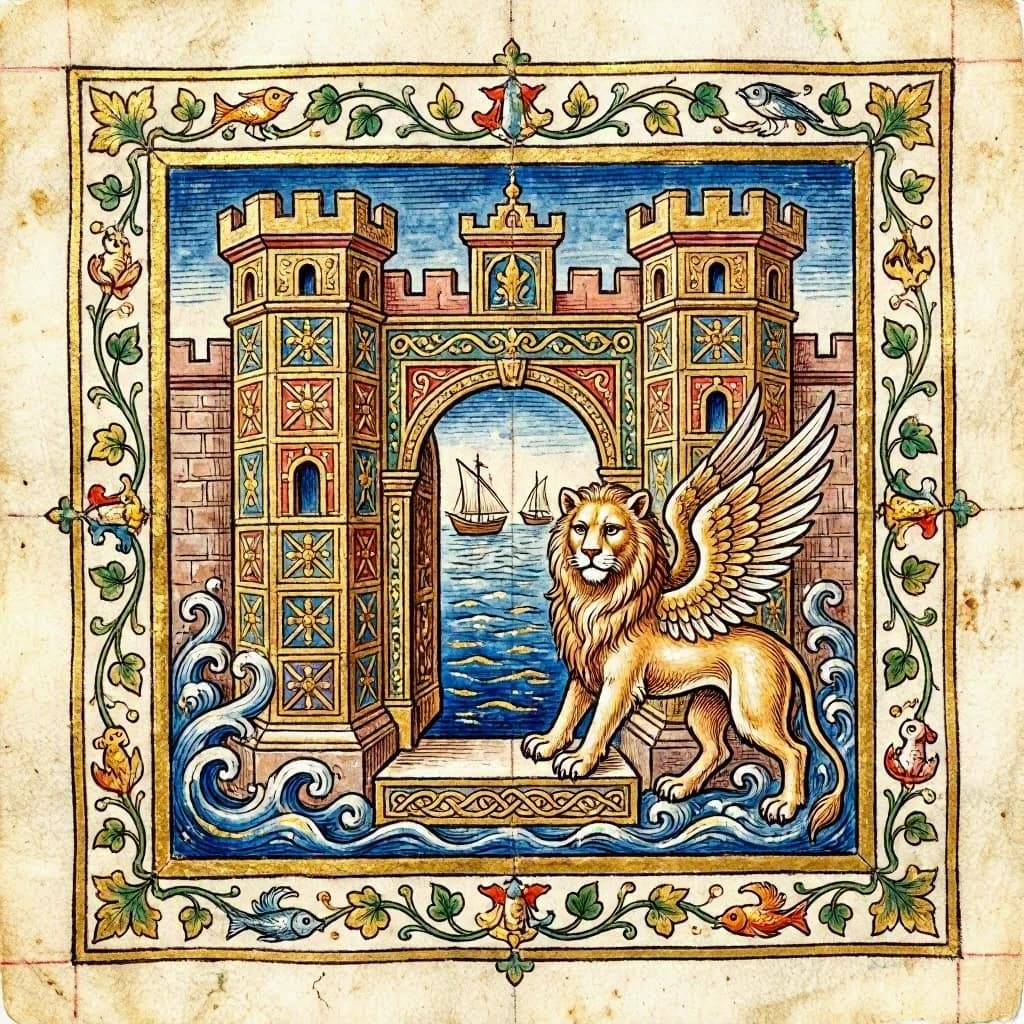Paint an illuminated manuscript scene of a winged lion guarding a sea gate.