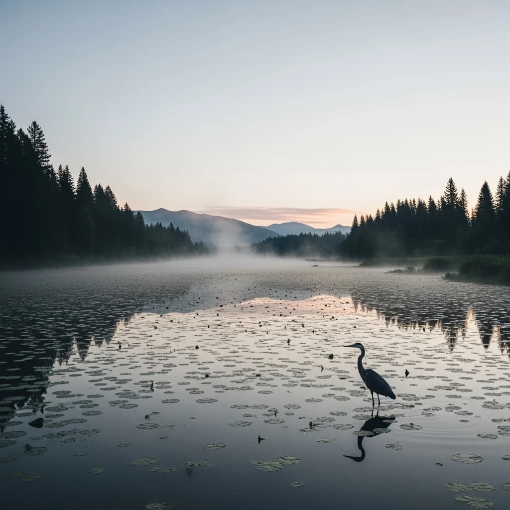 With pre-dawn mist along a cedar forest river and glassy water dotted with lily pads, distant mountains blush pink, and a heron stands still like it forgot what to do next.