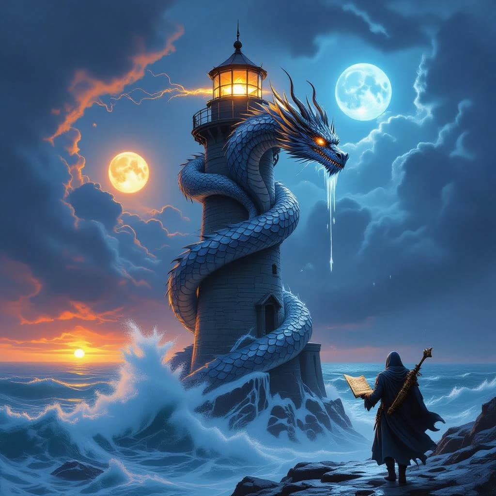 A dragon of molten silver coils around a lighthouse. The storming sea below crashes upward in frozen stillness, as though caught mid-motion. The dragon’s molten eyes drip tears of ice. On the horizon, two suns set next to each other, casting orange light on one side of the tower and blue on the other. A cloaked traveler carries an ancient weapon in his left hand and a scroll in his right.